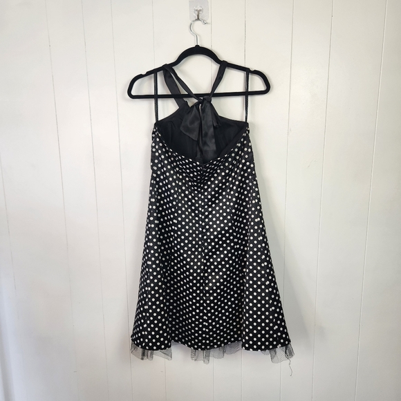 Vintage 1990s Black Polka Dot Satin Halter Dress Tulle Rockabilly Size Medium - Picture 6 of 14